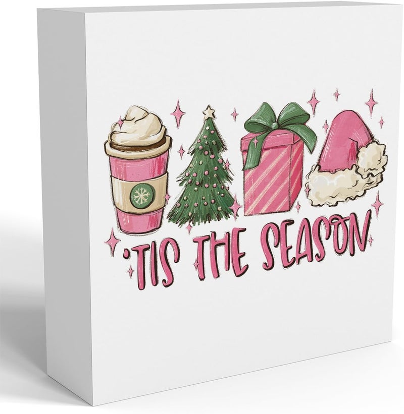 FXEFXE Pink Christmas Decor, Pink Christmas Bathroom Decor, Girly Decoration, Wooden Box Sign Winter Latte Santa Presents Tree Coffee Home Bedroom Desk Decoration - Image 1